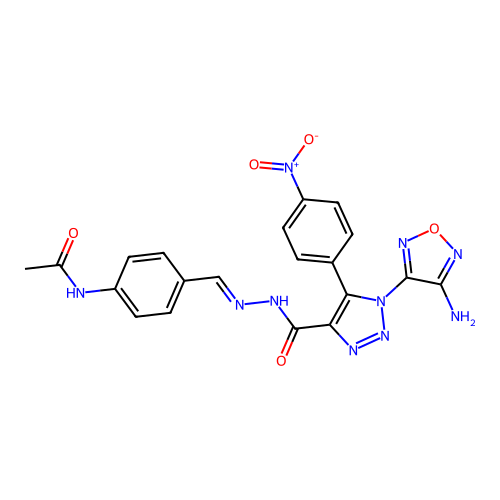 (E)-N-(4-((2-(1-(4-amino-1,2,5-oxadiazol-3-yl)-5-(4-nitrophenyl)-1H-1,2,3-triazole-4-carbonyl)hydrazono)methyl)phenyl)acetamide structure