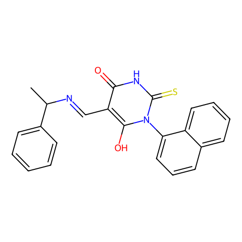(Z)-1-(naphthalen-1-yl)-5-(((1-phenylethyl)amino)methylene)-2-thioxodihydropyrimidine-4,6(1H,5H)-dione structure