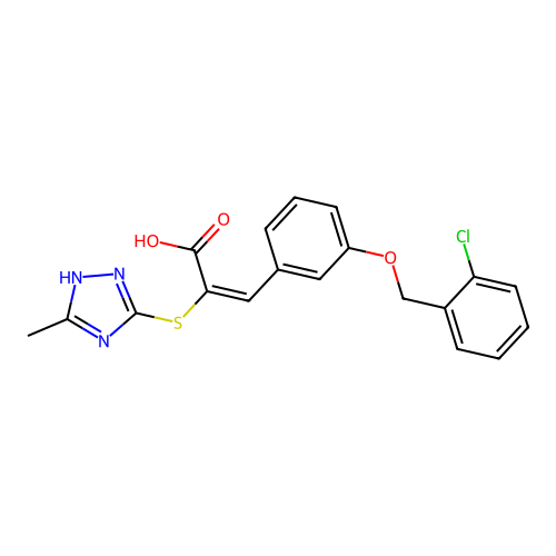(2E)-3-{3-[(2-chlorobenzyl)oxy]phenyl}-2-[(3-methyl-1H-1,2,4-triazol-4-ium-5-yl)sulfanyl]prop-2-enoate structure