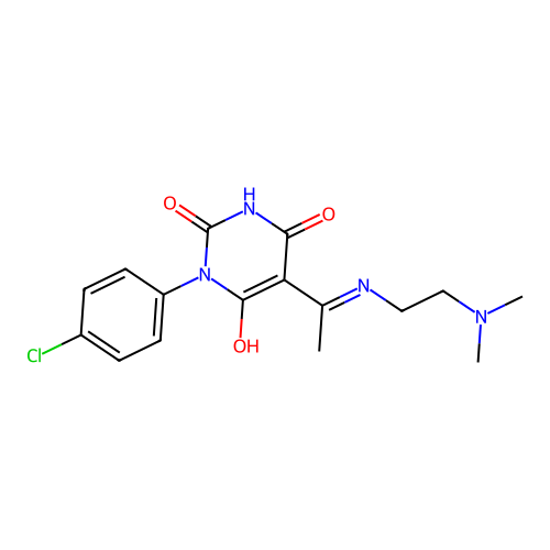 1-(4-chlorophenyl)-5-[1-(2-dimethylaminoethylamino)ethylidene]-1,3-diazinane-2,4,6-trione structure