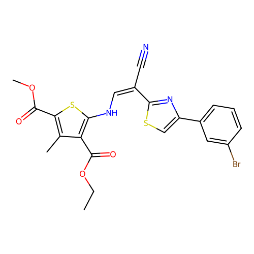 (Z)-4-ethyl 2-methyl 5-((2-(4-(3-bromophenyl)thiazol-2-yl)-2-cyanovinyl)amino)-3-methylthiophene-2,4-dicarboxylate structure