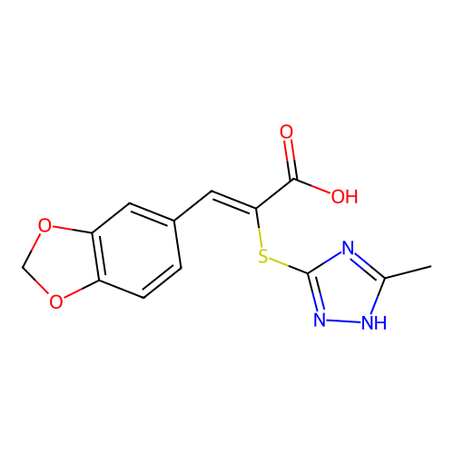 (Z)-3-(benzo[d][1,3]dioxol-5-yl)-2-((5-methyl-4H-1,2,4-triazol-3-yl)thio)acrylic acid structure
