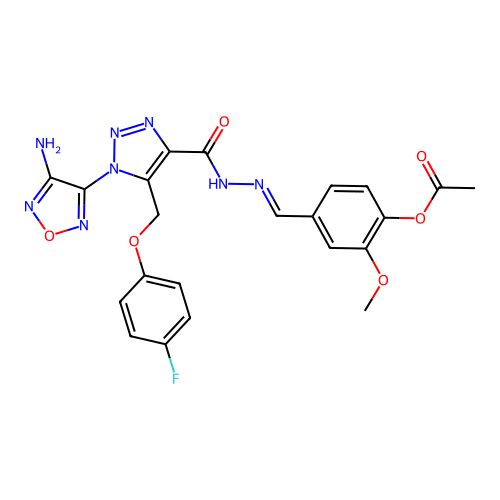 (E)-4-((2-(1-(4-amino-1,2,5-oxadiazol-3-yl)-5-((4-fluorophenoxy)methyl)-1H-1,2,3-triazole-4-carbonyl)hydrazono)methyl)-2-methoxyphenyl acetate structure