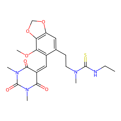 1-[2-[6-[(1,3-dimethyl-2,4,6-trioxo-1,3-diazinan-5-ylidene)methyl]-7-methoxy-1,3-benzodioxol-5-yl]ethyl]-3-ethyl-1-methylthiourea structure