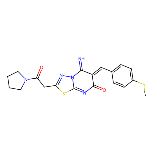 (6Z)-5-imino-6-[(4-methylsulfanylphenyl)methylidene]-2-(2-oxo-2-pyrrolidin-1-ylethyl)-[1,3,4]thiadiazolo[3,2-a]pyrimidin-7-one structure