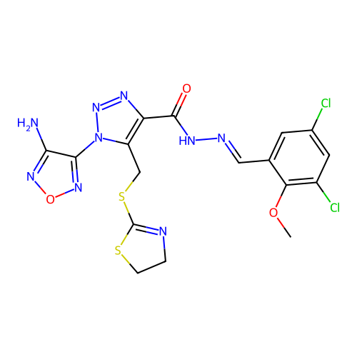 (E)-1-(4-amino-1,2,5-oxadiazol-3-yl)-N'-(3,5-dichloro-2-methoxybenzylidene)-5-(((4,5-dihydrothiazol-2-yl)thio)methyl)-1H-1,2,3-triazole-4-carbohydrazide structure
