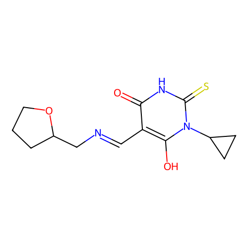 1-cyclopropyl-5-[(oxolan-2-ylmethylamino)methylidene]-2-sulfanylidene-1,3-diazinane-4,6-dione structure