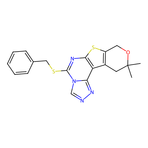 5-(benzylsulfanyl)-10,10-dimethyl-10,11-dihydro-8H-pyrano[4',3':4,5]thieno[3,2-e][1,2,4]triazolo[4,3-c]pyrimidine structure