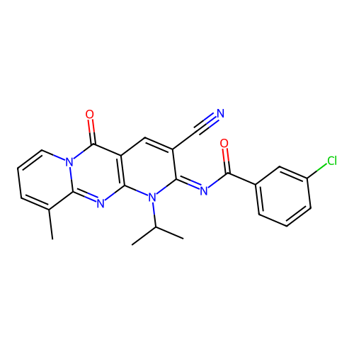 (E)-3-chloro-N-(3-cyano-1-isopropyl-10-methyl-5-oxo-1H-dipyrido[1,2-a:2',3'-d]pyrimidin-2(5H)-ylidene)benzamide structure