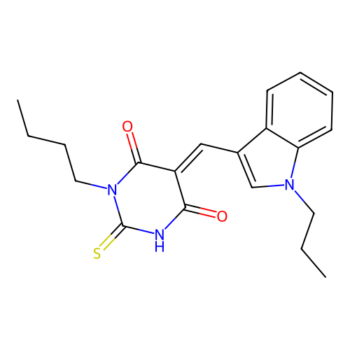 (5E)-1-butyl-5-[(1-propylindol-3-yl)methylidene]-2-sulfanylidene-1,3-diazinane-4,6-dione structure