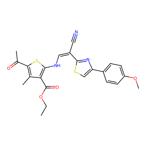 (Z)-ethyl 5-acetyl-2-((2-cyano-2-(4-(4-methoxyphenyl)thiazol-2-yl)vinyl)amino)-4-methylthiophene-3-carboxylate structure