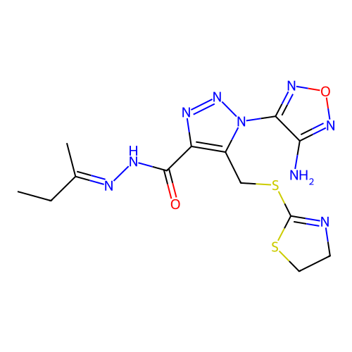 (E)-1-(4-amino-1,2,5-oxadiazol-3-yl)-N'-(butan-2-ylidene)-5-(((4,5-dihydrothiazol-2-yl)thio)methyl)-1H-1,2,3-triazole-4-carbohydrazide structure