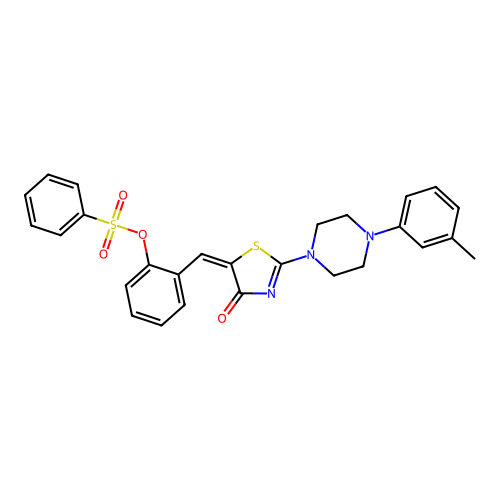 (E)-2-((4-oxo-2-(4-(m-tolyl)piperazin-1-yl)thiazol-5(4H)-ylidene)methyl)phenyl benzenesulfonate structure