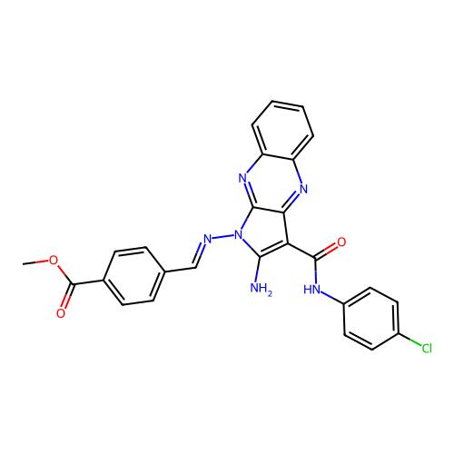 (E)-methyl 4-(((2-amino-3-((4-chlorophenyl)carbamoyl)-1H-pyrrolo[2,3-b]quinoxalin-1-yl)imino)methyl)benzoate structure