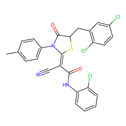 (2Z)-N-(2-chlorophenyl)-2-cyano-2-[5-(2,5-dichlorobenzyl)-3-(4-methylphenyl)-4-oxo-1,3-thiazolidin-2-ylidene]ethanamide structure