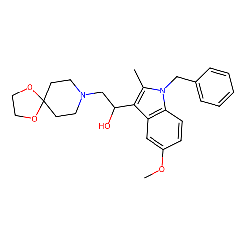 1-(1-benzyl-5-methoxy-2-methylindol-3-yl)-2-(1,4-dioxa-8-azaspiro[4.5]decan-8-yl)ethanol structure