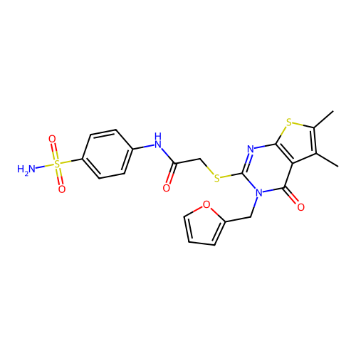 2-((3-(furan-2-ylmethyl)-5,6-dimethyl-4-oxo-3,4-dihydrothieno[2,3-d]pyrimidin-2-yl)thio)-N-(4-sulfamoylphenyl)acetamide structure
