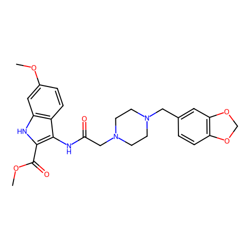 methyl 3-({[4-(1,3-benzodioxol-5-ylmethyl)piperazin-1-yl]acetyl}amino)-6-methoxy-1H-indole-2-carboxylate structure