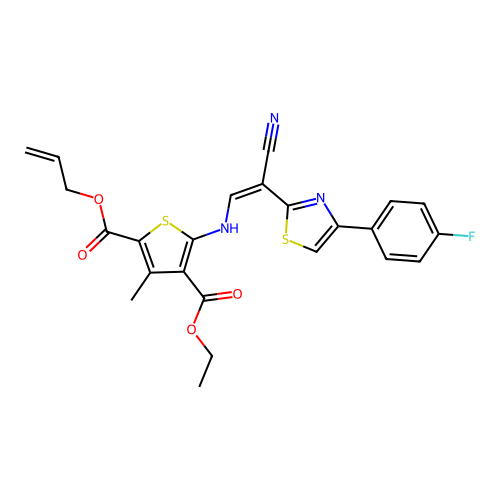 (Z)-2-allyl 4-ethyl 5-((2-cyano-2-(4-(4-fluorophenyl)thiazol-2-yl)vinyl)amino)-3-methylthiophene-2,4-dicarboxylate structure