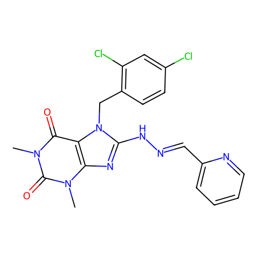 (E)-7-(2,4-dichlorobenzyl)-1,3-dimethyl-8-(2-(pyridin-2-ylmethylene)hydrazinyl)-1H-purine-2,6(3H,7H)-dione structure