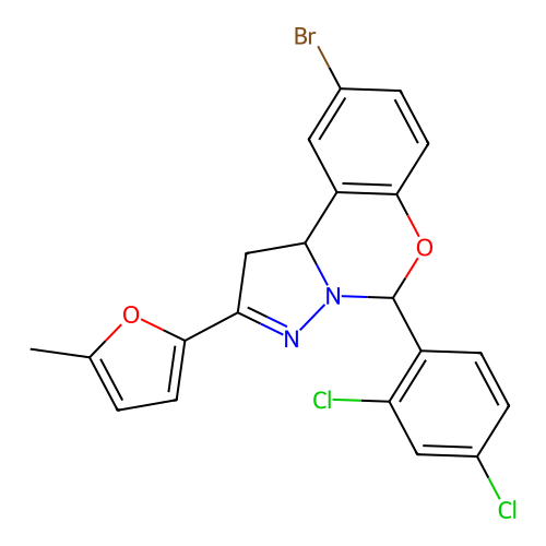 9-bromo-5-(2,4-dichlorophenyl)-2-(5-methylfuran-2-yl)-1,10b-dihydropyrazolo[1,5-c][1,3]benzoxazine structure
