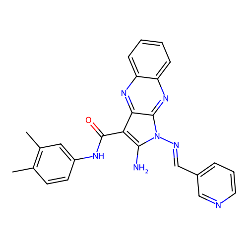 (E)-2-amino-N-(3,4-dimethylphenyl)-1-((pyridin-3-ylmethylene)amino)-1H-pyrrolo[2,3-b]quinoxaline-3-carboxamide structure