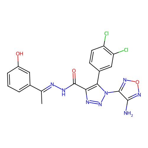 (E)-1-(4-amino-1,2,5-oxadiazol-3-yl)-5-(3,4-dichlorophenyl)-N'-(1-(3-hydroxyphenyl)ethylidene)-1H-1,2,3-triazole-4-carbohydrazide structure