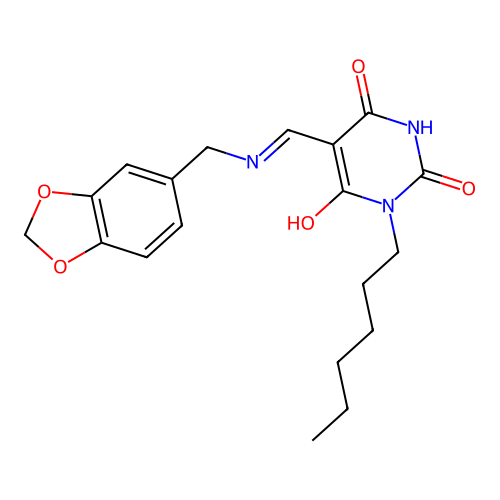 (5E)-5-[(1,3-benzodioxol-5-ylmethylamino)methylidene]-1-hexyl-1,3-diazinane-2,4,6-trione structure