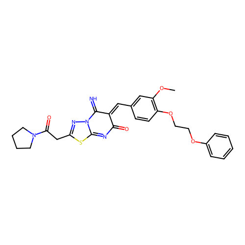 (6Z)-5-imino-6-[[3-methoxy-4-(2-phenoxyethoxy)phenyl]methylidene]-2-(2-oxo-2-pyrrolidin-1-ylethyl)-[1,3,4]thiadiazolo[3,2-a]pyrimidin-7-one structure