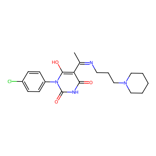 (E)-1-(4-chlorophenyl)-5-(1-((3-(piperidin-1-yl)propyl)amino)ethylidene)pyrimidine-2,4,6(1H,3H,5H)-trione structure
