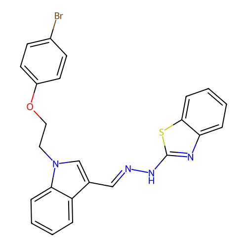 N-[(E)-[1-[2-(4-bromophenoxy)ethyl]indol-3-yl]methylideneamino]-1,3-benzothiazol-2-amine structure
