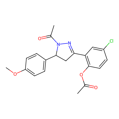 [2-[2-acetyl-3-(4-methoxyphenyl)-3,4-dihydropyrazol-5-yl]-4-chlorophenyl] acetate structure