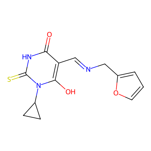 1-cyclopropyl-5-[(2-furylmethylamino)methylidene]-2-sulfanylidene-1,3-diazinane-4,6-dione structure