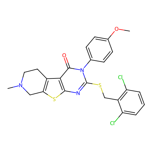 2-((2,6-dichlorobenzyl)thio)-3-(4-methoxyphenyl)-7-methyl-5,6,7,8-tetrahydropyrido[4',3':4,5]thieno[2,3-d]pyrimidin-4(3H)-one structure