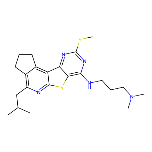 N,N-dimethyl-N'-[4-(2-methylpropyl)-9-(methylsulfanyl)-2,3-dihydro-1H-cyclopenta[4',5']pyrido[3',2':4,5]thieno[3,2-d]pyrimidin-7-yl]propane-1,3-diamine structure