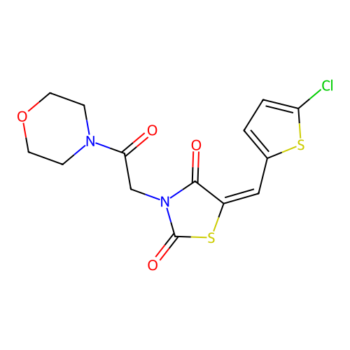 (5E)-5-[(5-chlorothiophen-2-yl)methylidene]-3-(2-morpholin-4-yl-2-oxoethyl)-1,3-thiazolidine-2,4-dione structure