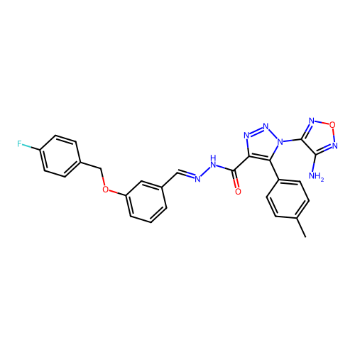 (E)-1-(4-amino-1,2,5-oxadiazol-3-yl)-N'-(3-((4-fluorobenzyl)oxy)benzylidene)-5-(p-tolyl)-1H-1,2,3-triazole-4-carbohydrazide structure