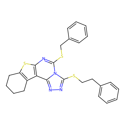 5-(benzylsulfanyl)-3-[(2-phenylethyl)sulfanyl]-8,9,10,11-tetrahydro[1]benzothieno[3,2-e][1,2,4]triazolo[4,3-c]pyrimidine structure