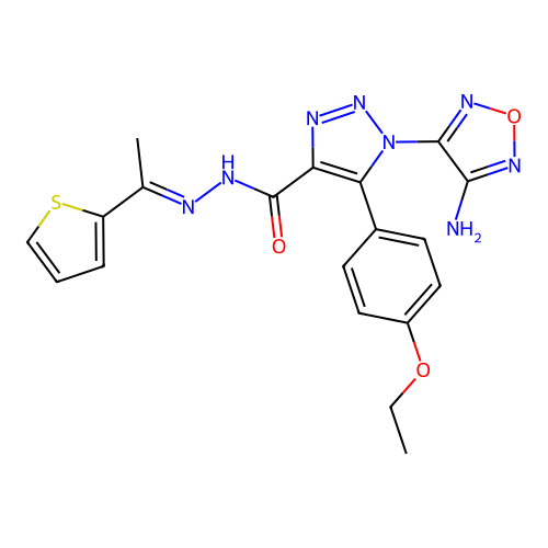 (E)-1-(4-amino-1,2,5-oxadiazol-3-yl)-5-(4-ethoxyphenyl)-N'-(1-(thiophen-2-yl)ethylidene)-1H-1,2,3-triazole-4-carbohydrazide structure