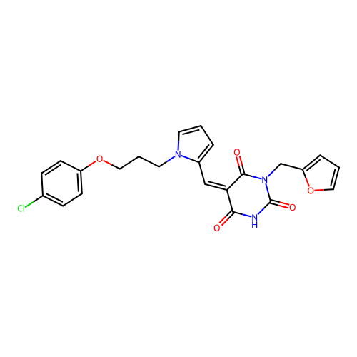(5Z)-5-({1-[3-(4-chlorophenoxy)propyl]-1H-pyrrol-2-yl}methylidene)-3-(furan-2-ylmethyl)-6-hydroxypyrimidine-2,4(3H,5H)-dione structure