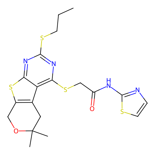 2-((6,6-dimethyl-2-(propylthio)-6,8-dihydro-5H-pyrano[4',3':4,5]thieno[2,3-d]pyrimidin-4-yl)thio)-N-(thiazol-2-yl)acetamide structure