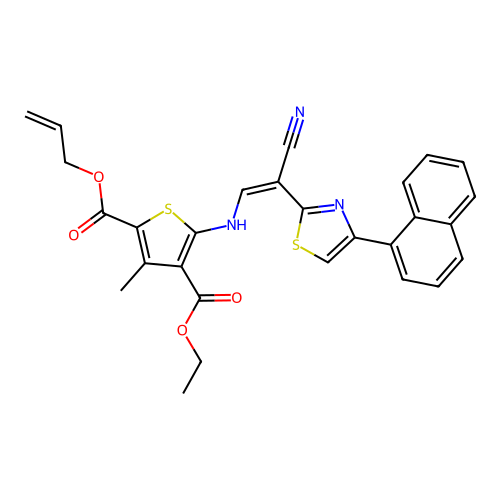 (Z)-2-allyl 4-ethyl 5-((2-cyano-2-(4-(naphthalen-1-yl)thiazol-2-yl)vinyl)amino)-3-methylthiophene-2,4-dicarboxylate structure