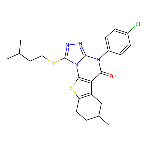 4-(4-chlorophenyl)-1-(isopentylthio)-7-methyl-6,7,8,9-tetrahydrobenzo[4,5]thieno[3,2-e][1,2,4]triazolo[4,3-a]pyrimidin-5(4H)-one structure