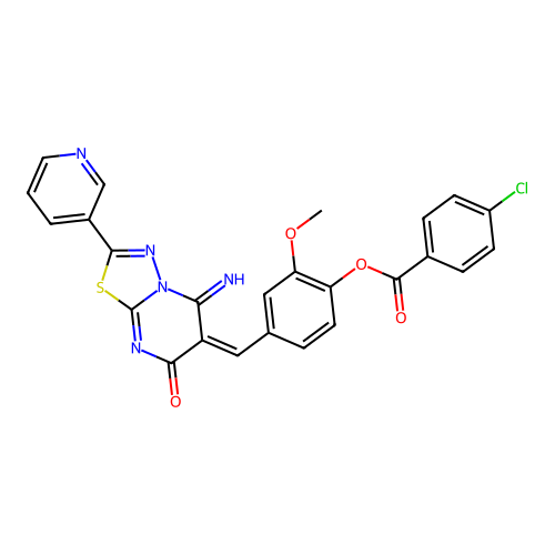 (E)-4-((5-imino-7-oxo-2-(pyridin-3-yl)-5H-[1,3,4]thiadiazolo[3,2-a]pyrimidin-6(7H)-ylidene)methyl)-2-methoxyphenyl 4-chlorobenzoate structure