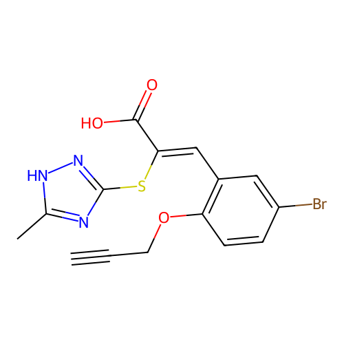 (2Z)-3-[5-bromo-2-(prop-2-yn-1-yloxy)phenyl]-2-[(5-methyl-4H-1,2,4-triazol-3-yl)sulfanyl]prop-2-enoic acid structure