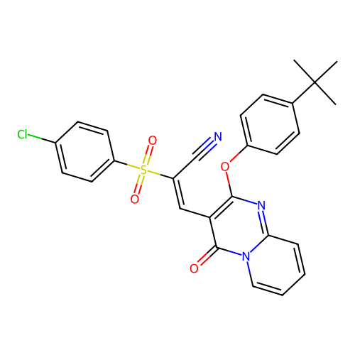 (2E)-3-[2-(4-tert-butylphenoxy)-4-oxo-4H-pyrido[1,2-a]pyrimidin-3-yl]-2-[(4-chlorophenyl)sulfonyl]prop-2-enenitrile structure