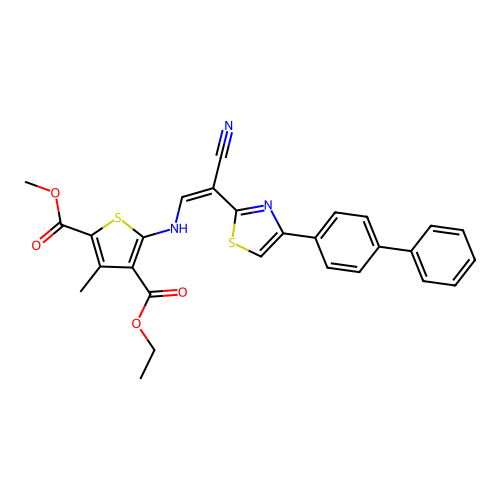 (Z)-4-ethyl 2-methyl 5-((2-(4-([1,1'-biphenyl]-4-yl)thiazol-2-yl)-2-cyanovinyl)amino)-3-methylthiophene-2,4-dicarboxylate structure