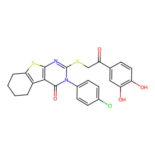 3-(4-chlorophenyl)-2-((2-(3,4-dihydroxyphenyl)-2-oxoethyl)thio)-5,6,7,8-tetrahydrobenzo[4,5]thieno[2,3-d]pyrimidin-4(3H)-one structure