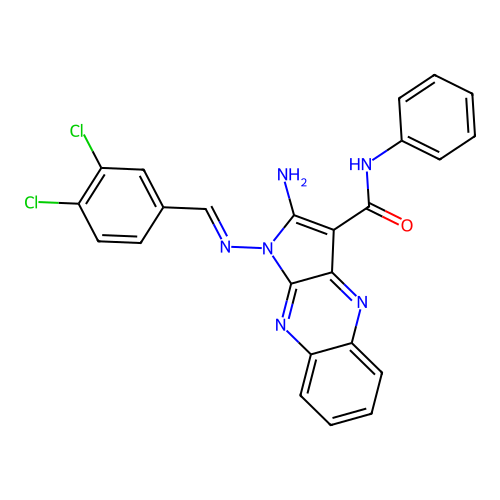 (E)-2-amino-1-((3,4-dichlorobenzylidene)amino)-N-phenyl-1H-pyrrolo[2,3-b]quinoxaline-3-carboxamide structure