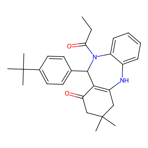 11-(4-tert-butylphenyl)-3,3-dimethyl-10-propanoyl-2,3,4,5,10,11-hexahydro-1H-dibenzo[b,e][1,4]diazepin-1-one structure